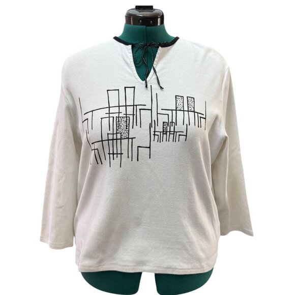 K.D. Spring White 3/4 Sleeve Top  Abstract Black Geometric Design V-Neck  Large - Picture 2 of 16